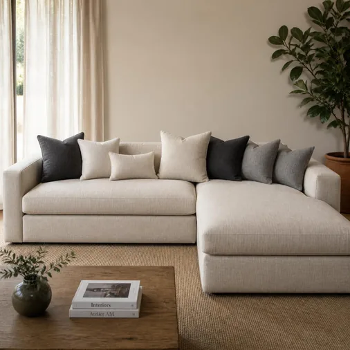 Modern sofa with cushions filled with polyester fiber